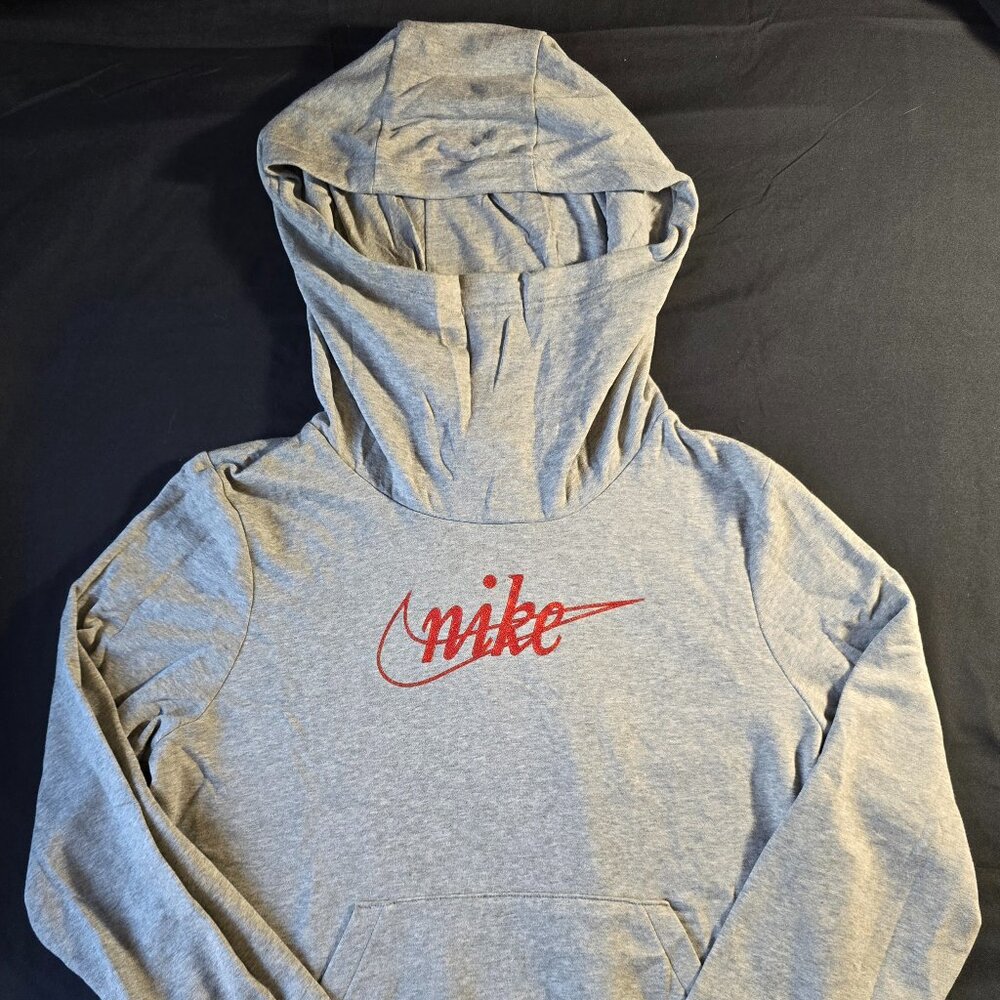 Nike Gray Hoodie With Mock Neck Red Sparkly Logo Size Medium